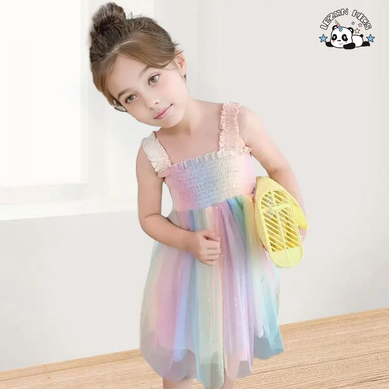 LEZONKIDS - 2024 High Quality Summer Sleeveless Girls Dress Rainbow Sweet Tulle Girls Dress Pressed Crepe Mesh Dress